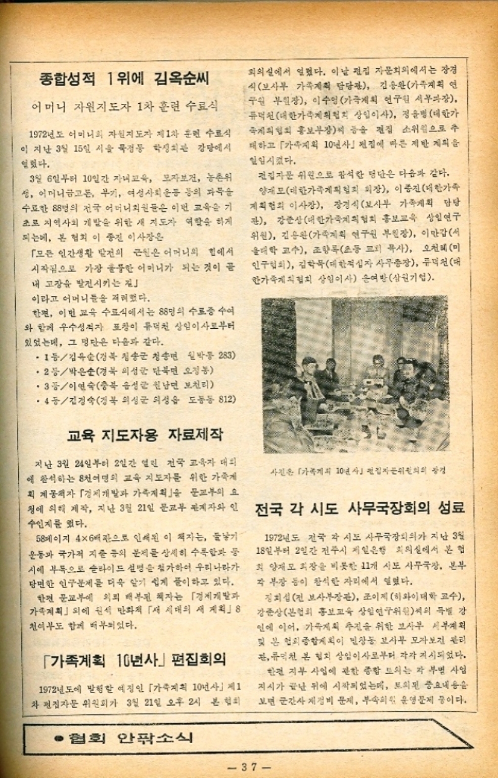 ﻿  종합성적 1위에 김옥순씨 어머니 자원지도자 1차 훈련 수료식 1972년도 어머니의 자원지도자 제1차 훈련 수료식 이 지난 3월 15일 서울 묵정동 학생회관 강당에서 얻었다. 3월 6일부터 10일간 자녀교육 모자보건 농촌위 성 어머니금고본 무기 여성사회운동 등의 과목을 수료한 88명의 전국 어머니회원들은 이번 교육은 기 초로 지역사회 개발을 위한 새 지도자 역할을 하게 되는데 본 협회 이종진 이사장은 「모든 인간생활 발전의 근원은 어머니의 힘에서 시작됨으로 가장 훌륭한 어머니가 되는 것이 곧 내 고장을 발전시키는 길」 이라고 어머니들을 격려했다. 한편 이번 교육 수료식에서는 88명의 수료증 수여 와 함께 우수성적자 표창이 듀덕천 상임이사로부터 있었는데 그 명단은 다음과 같다. • 1등김옥순경북 청송군 청송면 원박통 283 •2등박은순경북 의성군 단북면 오정동 • 3등이연숙충북 음성군 원남면 보천리 •4등김경숙경북 의성군 의성읍 도동동 812 교육 지도자용 자료제작 회의실에서 열렸다. 이날 편집 자문회의에서는 장경 식보사부 가족계획 담당관 김용완가족계획 연 구원 부원장 이수영가족계획 연구원 서무과장 퓨덕원 대한가족계획협회 상임이사 정윤병 대한가 국제피협회 홍보부장씨 등을 편집 소위원으로 추 대하고 가계획 10년사 전집에 따른 제한 계획을 일입시켰다. 편집자문 위원으로 참석한 명단은 다음과 같다. 양재모대한가족계획협회 회장 이종진대한가족 계획협회 이사장 장경식보사부 가족계획 담당 관 강준상대한가족계획협회 홍보교육 상임연구 위원 김용완가족계획 연구원 부원장 이만갑서 울대학 교수 조향록초등 교회 목사 오천혜미 인구협회 김학묵대한적십자 사무총장 류덕천대 한가족계획협회 상임이사 윤여반삼원기업. 지난 3월 24일부터 2일간 열린 전국 교육자 대회 에 참석하는 8천여명의 교육 지도자를 위한 가족계 회계몽적자 「경제개발과 가족계획을 문교부의 요 사진은 가게 10년사 편집자문위원회의 경 청에 의해 제작 지난 3월 21일 문교부 관계자와 인 전국 각 시도 사무국장회의 성료 수인계를 했다. 58페이지 4x6배판으로 인쇄된 이 책자는 둘낳기  운동과 국가적 지출 등의 문제를 상세히 수록함과 동 시에 부록으로 슬라이드 설명을 첨가하여 우리나라가 당면한 인구문제를 더욱 알기 쉽게 풀이하고 있다. 한편 문교부에 의뢰 배부된 책자는 「경제개발과 가족계획」 외에 원시 만화적 「새 세대의 새 계획 천여부도 함께 배부되었다. 「가족계획 10년사」 편집회의 1972년도에 발행할 예정인 「가계획 10년사 제1 차 편집자문위원회가 3월 21일 오후 2시 본 협회 ●협회 안팎소식 1972년도 전국 각 시도 사무국장회의가 지난 3월 18일부터 2일간 전주시 제일은행 회의실에서 본협 회 양재모 회장을 비롯한 11개 시도 사무국장 본부 각 부장 등이 참석한 자리에서 열었다. 정희섭 전 보사부장관 조이제 하와이대학 교수 강준상본협회 홍보교육 상임연구위원씨의 특별 강 인에 이어 가족계획 추진을 위한 보사부 세부계획 및 본 협회 종합계획이 민창동 보사부 모자보건 분리 판류덕천 본 협회 상임이사로부터 각각 지시되었다. 한편 지부 사업에 관한 종합 토의는 각 부별 사업 지시가 끝난 뒤에 시작되었는데 토의된 중요내용을 보면 군간사 재정비 문제 부속의원 운영 문제 등이다. 37