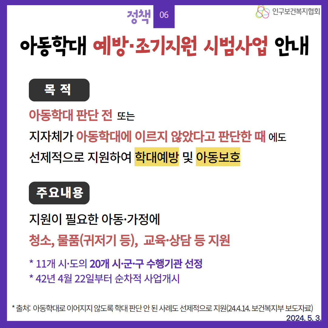  정책 06 인구보건복지협회 아동학대 예방·조기지원 시범사업 안내 목적 아동학대 판단 전 또는 지자체가 아동학대에 이르지 않았다고 판단한 때에도 선제적으로 지원하여 학대예방 및 아동보호 주요내용 지원이 필요한 아동·가정에 청소 물품귀저기 등 교육·상담 등 지원  11개 시·도의 20개 시·군·구 수행기관 선정 42년 4월 22일부터 순차적 사업개시 출처 아동학대로 이어지지 않도록 학대 판단 안된 사례도 선제적으로 지원24.4.14. 보건복지부 보도자료 2024. 5. 3.