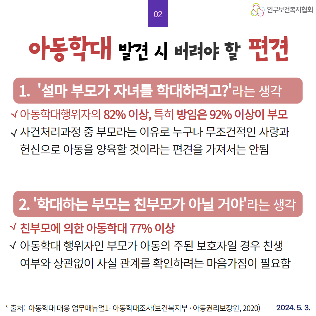  01 아동의 4가지 권리 생존권 기본적인 삶을 보호권 유해한 것으로부터 누리는데 필요한 권리 보호받을 권리 인구보건복지협회 발달권 잠재능력을 최대한 참여권 발휘하는데 필요한 권리 자신의 생활에 영향을 주는 일에 대해 의견을 말하고 존중받을 권리 출처 아동학대 예방 및 대처서울특별시 2021 2024. 5. 3.