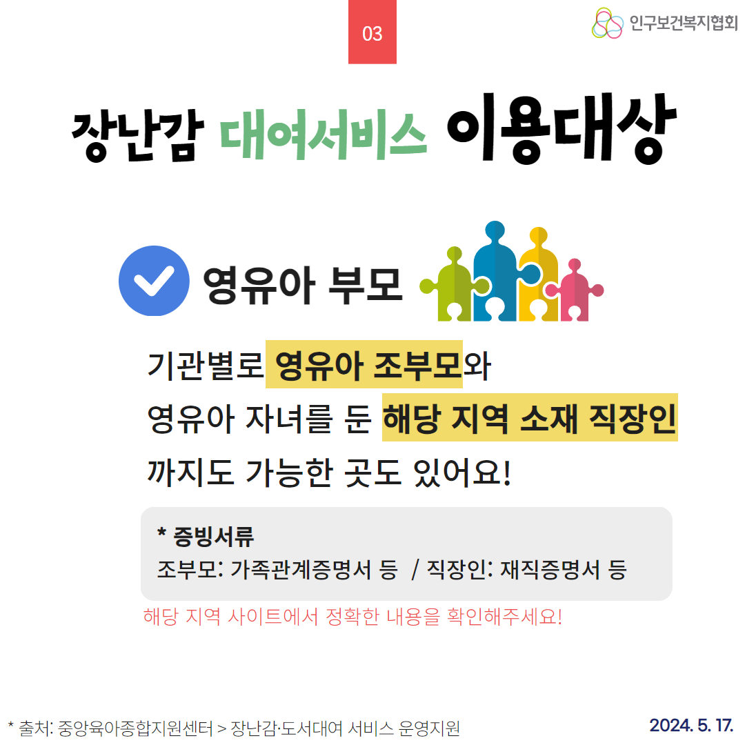  03 인구보건복지협회 장난감 대여서비스 이용대상 영유아 부모 기관별로 영유아 조부모와 영유아 자녀를 둔 해당 지역 소재 직장인 까지도 가능한 곳도 있어요  ᆞ증빙서류 조부모 가족관계증명서 등  직장인 재직증명서 등 해당 지역 사이트에서 정확한 내용을 확인해주세요 출처 중앙육아종합지원센터  장난감·도서대여 서비스 운영지원 2024. 5. 17.