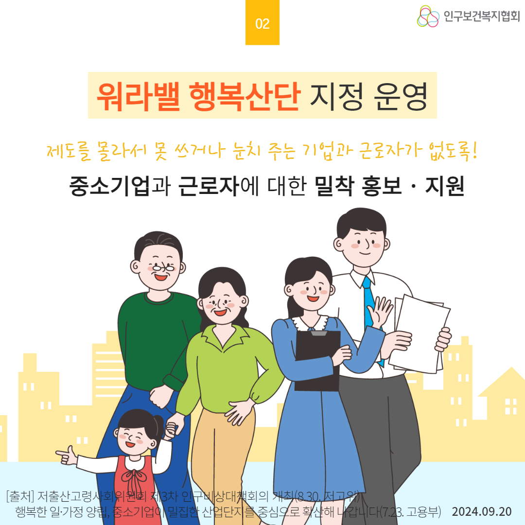  02 20 인구보건복지협회 워라밸 행복산단 지정 운영 제도를 몰라서 못 쓰거나 눈치 주는 기업과 근로자가 없도록 중소기업과 근로자에 대한 밀착 홍보 · 지원 출처 저출산고령사회위원회 제3차 인구비상대책회의 개최8.30. 저고위 행복한 일·가정 양립 중소기업이 밀집한 산업단지를 중심으로 확산해 나갑니다7.23. 고용부 2024.09.20