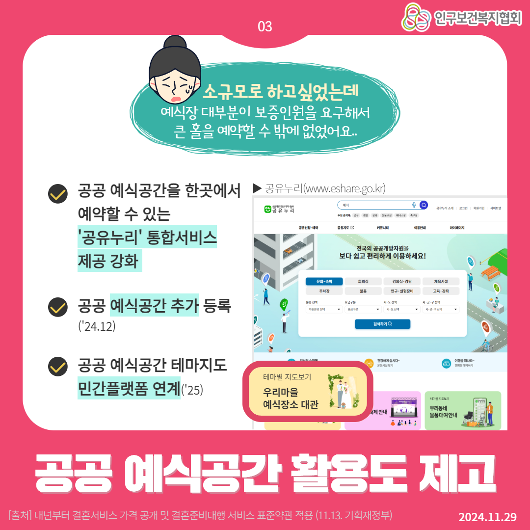  03 소규모로 하고싶었는데 예식장 대부분이 보증인원을 요구해서 큰 홀을 예약할 수 밖에 없었어요.. 83 인구보건복지협회 공공 예식공간을 한곳에서 예약할 수 있는 ・공유누리www.eshare.go.kr 예식 0 2 공유누리 로그인 사이트맵 추천 운동 니스장 축구장 공유지도 커뮤니티 이용안내 마이페이지 공유누리 통합서비스 제공 강화 전국의 공공개방자원을 보다 쉽고 편리하게 이용하세요 문화·숙박 주차장 회의실 강의실 강당 불품 연구·실험장비 체육시설 교육·강좌 공공 예식공간 추가 등록 24.12 분류 선택 요금구분 요금구분 시도선택 시·군·구 선택 검색하기 Q 공공 예식공간 테마지도 민간플랫폼 연계25 건강하게 삽시다 운동시설찾기 여행을떠나요 테마별 지도보기 우리마을 예식장소 대관 숙제 안내 데미지도보기 우리동네 물품대여안내 공공 예식공간 활용도 제고 출처 내년부터 결혼서비스 가격 공개 및 결혼준비대행 서비스 표준약관 적용 11.13. 기획재정부 2024.11.29